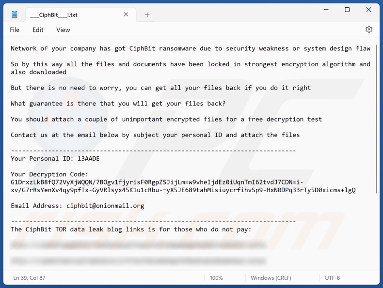 Screenshot del file di testo del ransomware CiphBit (