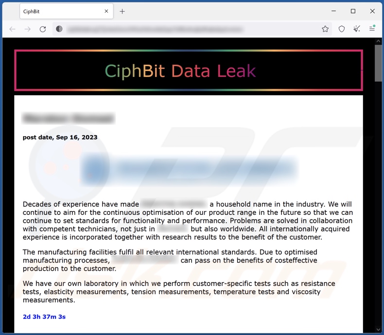 Schermata del sito web della rete Tor di CiphBit utilizzato per la fuga di dati