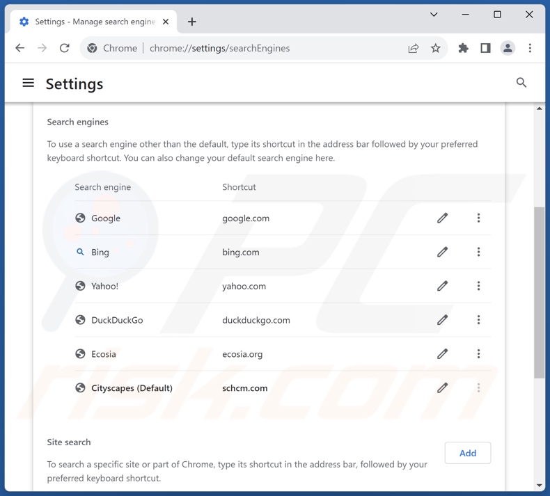 Rimozione di schcm.com dal motore di ricerca predefinito di Google Chrome