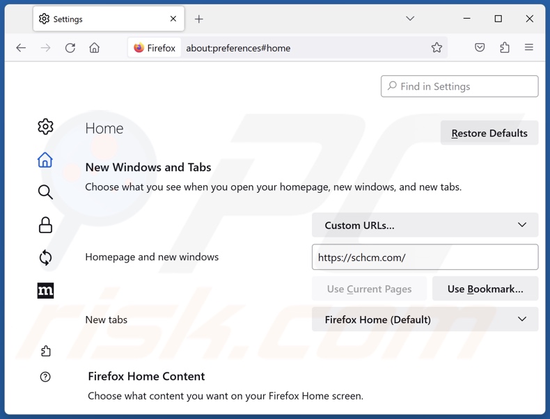 Rimozione di schcm.com dalla home page di Mozilla Firefox
