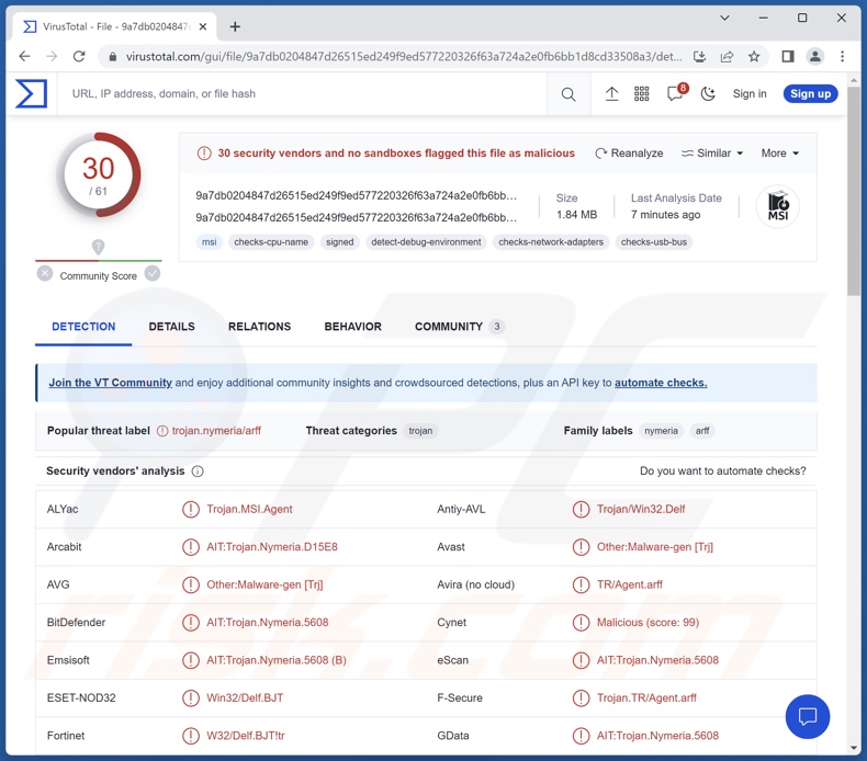 Rilevamenti di malware DarkGate su VirusTotal