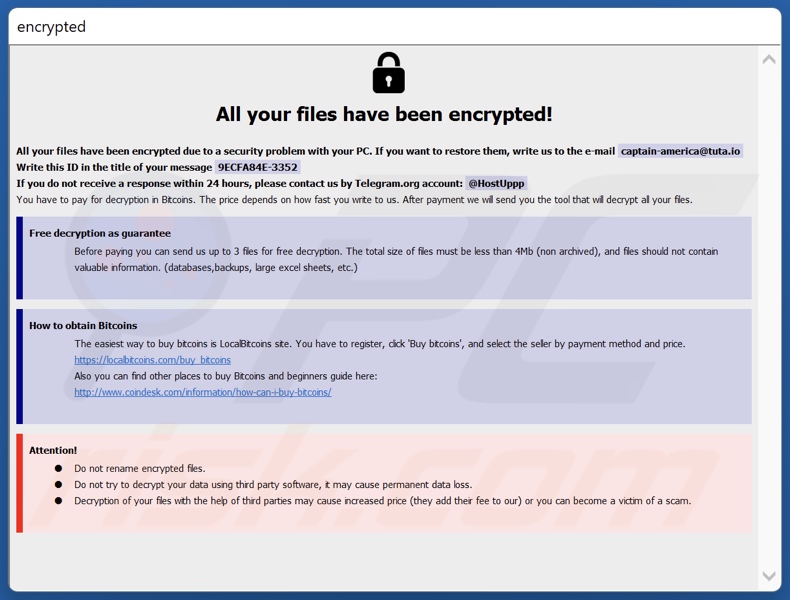 Schermata della finestra pop-up del ransomware Deep (Phobos) (