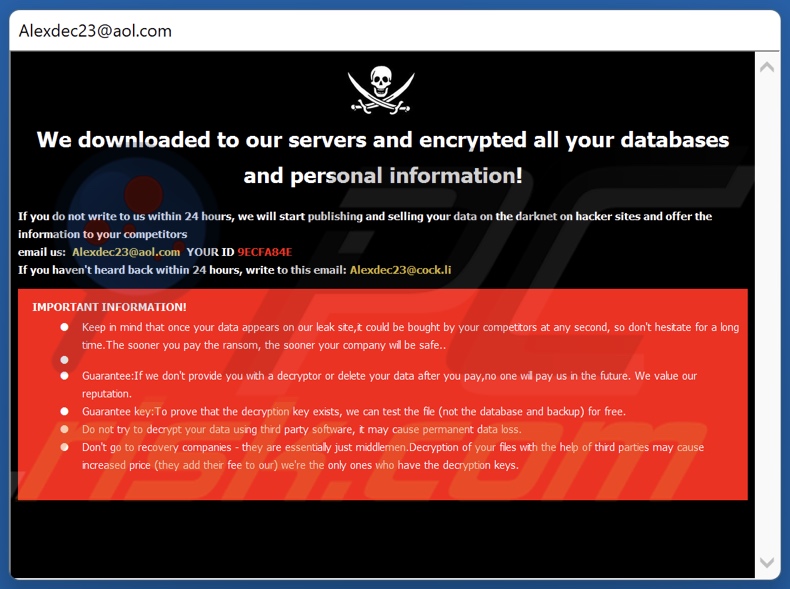 Schermata della finestra pop-up del ransomware DOOK 