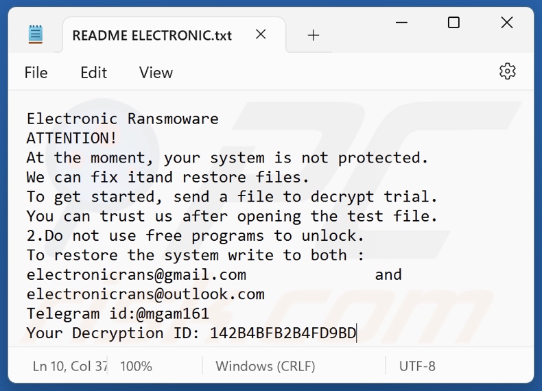 Screenshot del file di testo del ransomware Electronic (