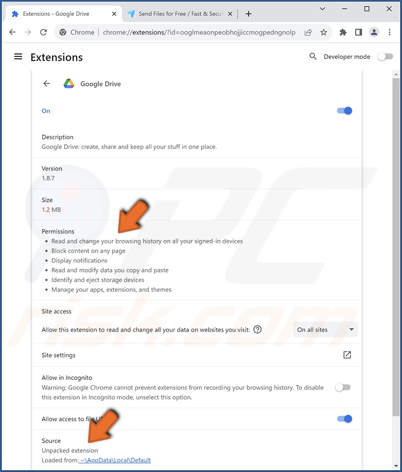 Informazioni dettagliate sull'estensione falsa di Google Drive (comprese le autorizzazioni)