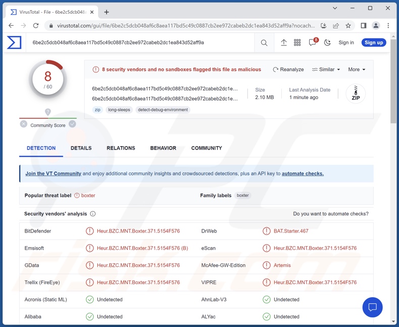 Meno rilevamenti di malware su VirusTotal