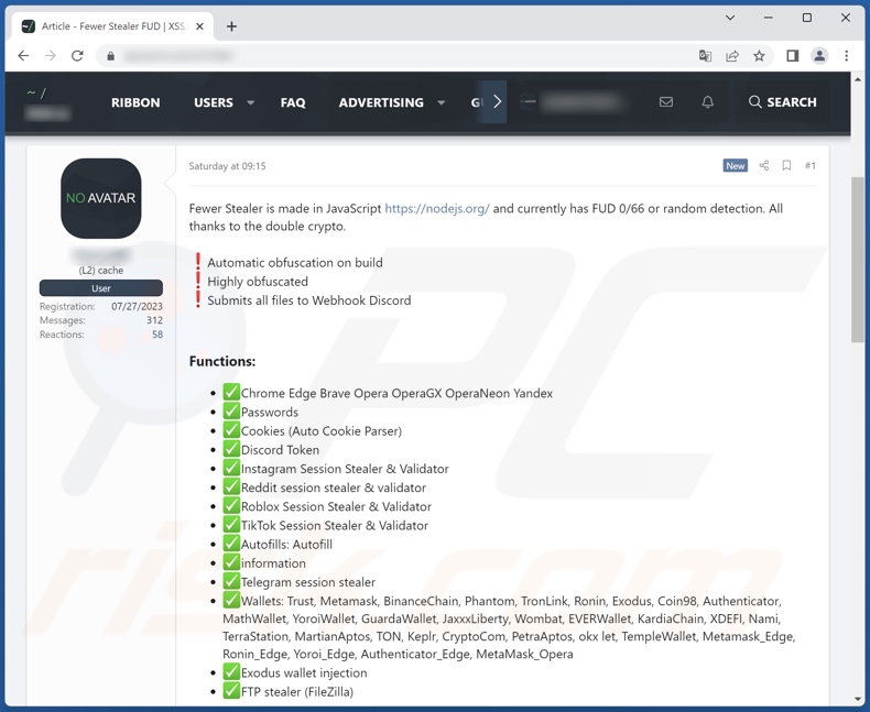 Screenshot del malware Fewer promosso su un forum di hacker