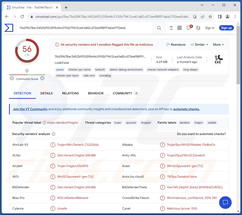 Rilevamenti di malware HijackLoader su VirusTotal