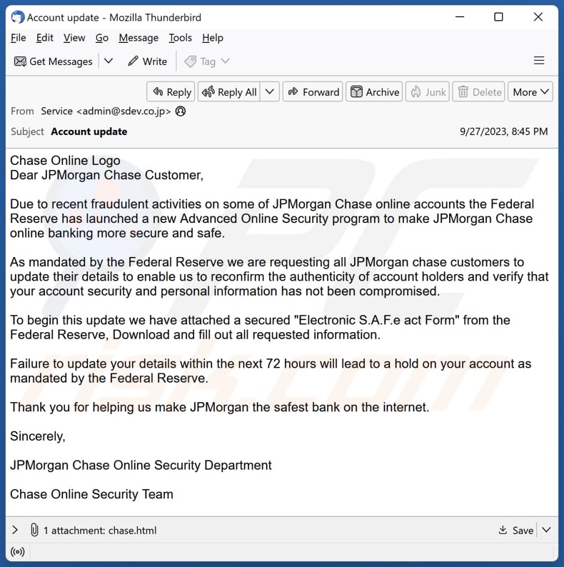 JPMorgan Chase Online Security Department email truffa