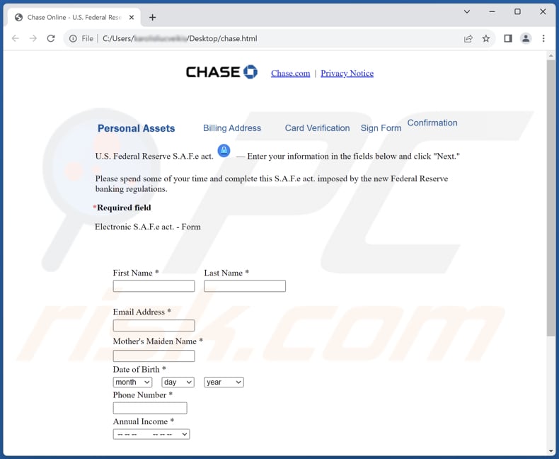 Screenshot del modulo falso allegato a questa email JPMorgan Chase Online Security Department