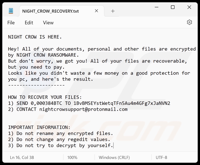 Screenshot del file di testo del ransomware NIGHT CROW (