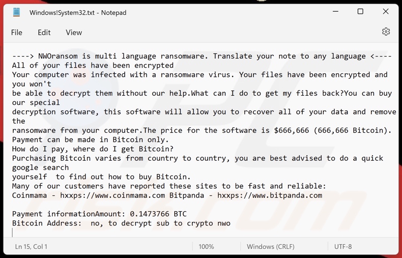 Screenshot del file di testo del ransomware NWOransom (