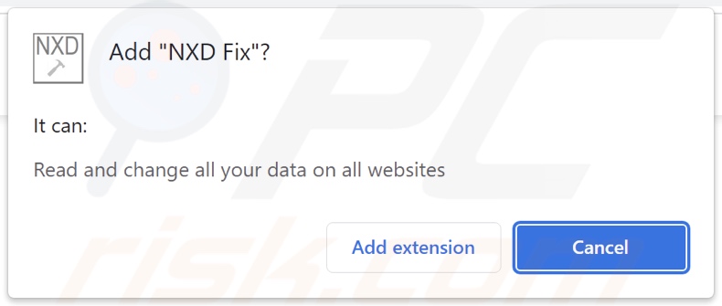 Screenshot delle autorizzazioni richieste dal dirottatore del browser NXD Fix