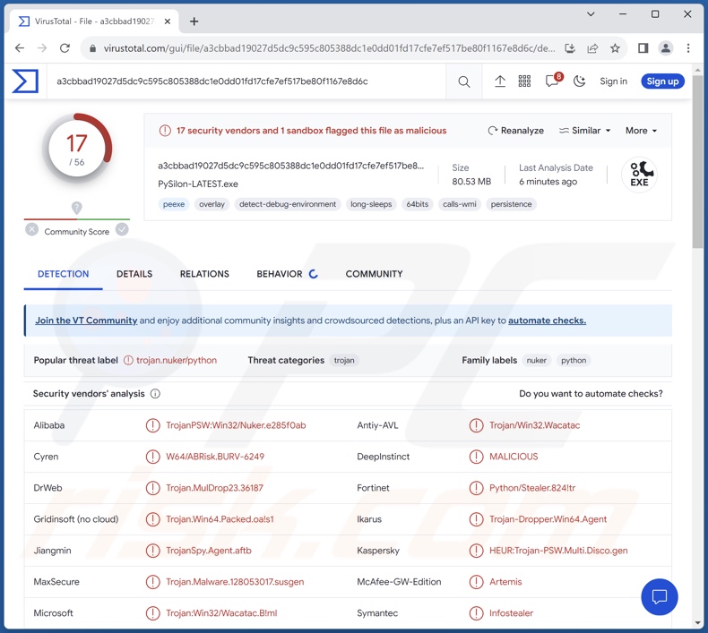 Rilevamenti di malware PySilon su VirusTotal