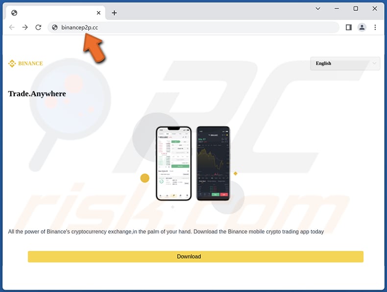 Screenshot del falso sito web Binance utilizzato per distribuire il malware Remo