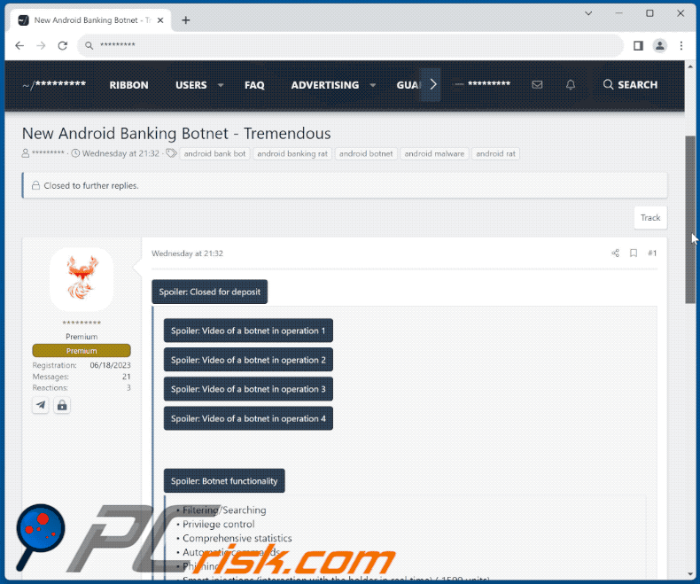 Aspetto di malware Tremendus promosso sui forum degli hacker (GIF)
