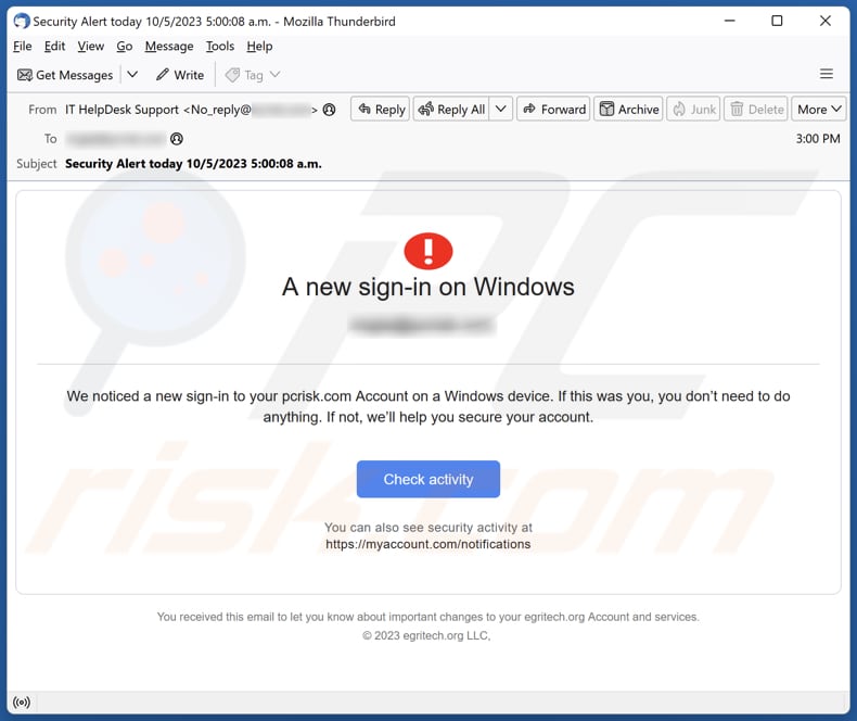A New Sign-in On Windows email di phishing 