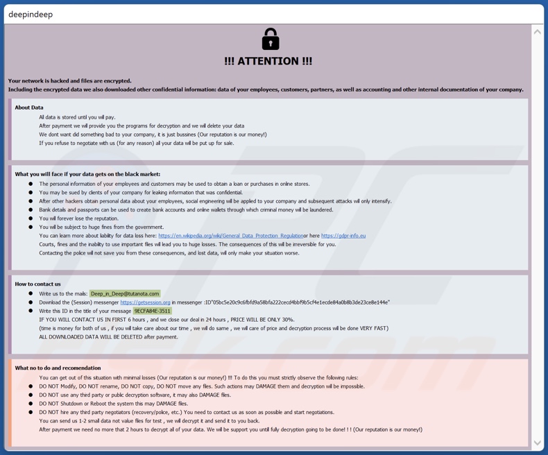 Schermata della finestra pop-up del ransomware DeepInDeep (
