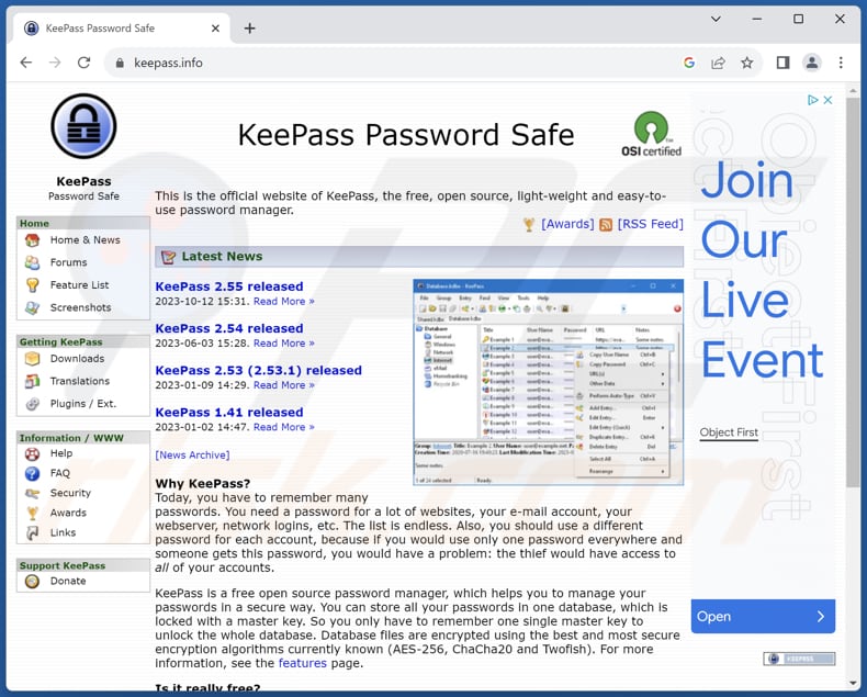 Sito KeePass reale del malware Fakebat