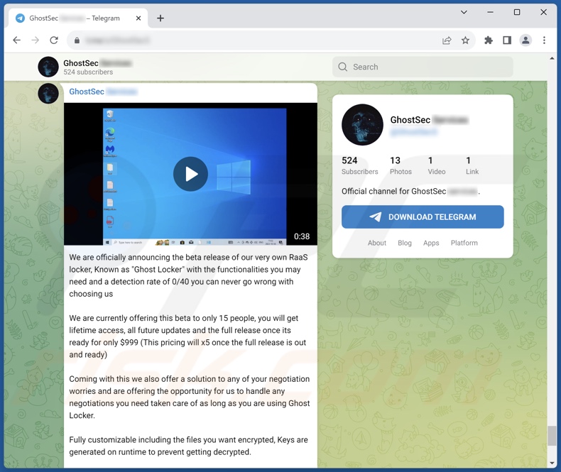 Screenshot del ransomware GhostLocker promosso su Telegram