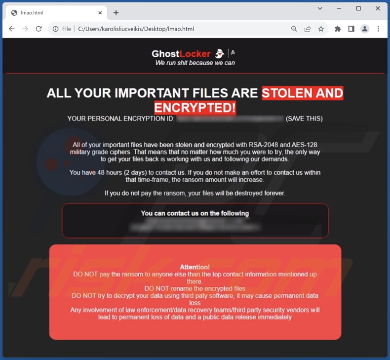 Screenshot del file HTML del ransomware GhostLocker (