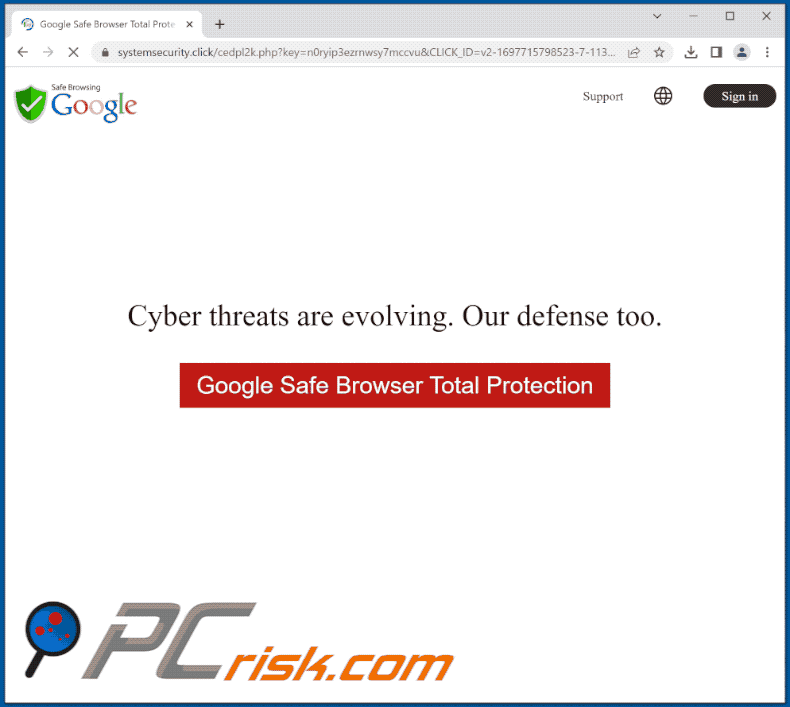 Comparsa della truffa Google Safe Browser Total Protection (GIF)