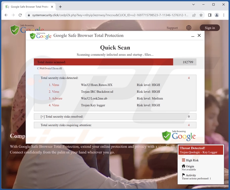 Google Safe Browser Total Protection truffa (pagina di sfondo)