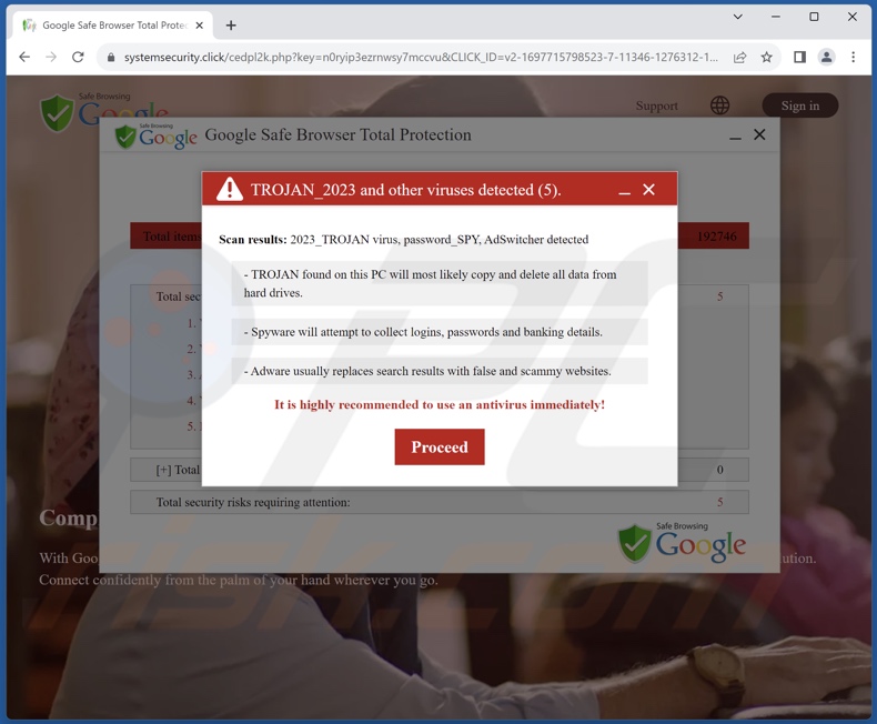 Screenshot del pop-up della truffa 