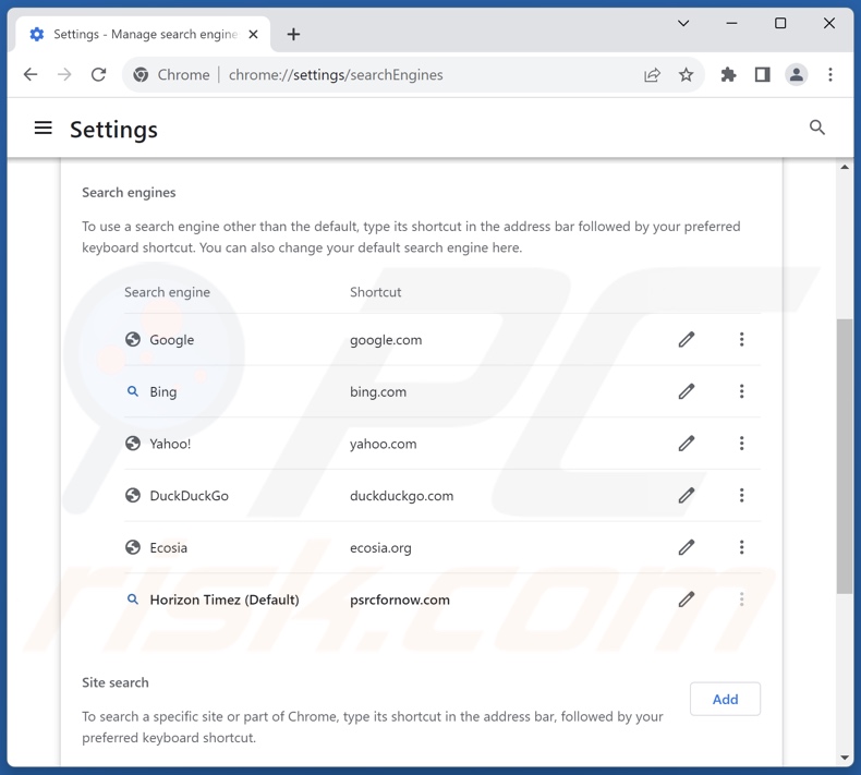 Rimozione psrcfornow.com dal motore di ricerca predefinito di Google Chrome