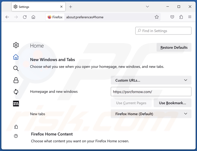 Rimozione di psrcfornow.com dalla home page di Mozilla Firefox
