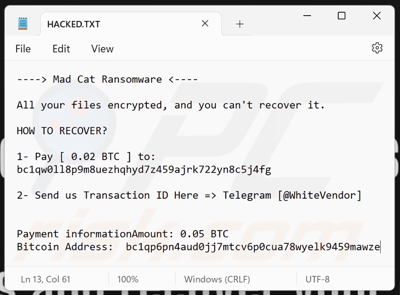 Screenshot del file di testo del ransomware Mad Cat (