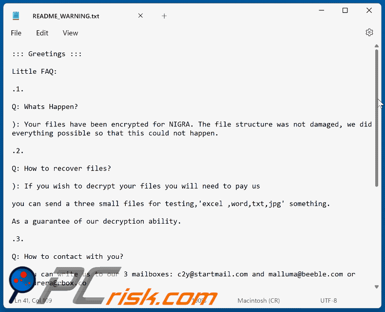 Aspetto del file di testo del ransomware Nigra 