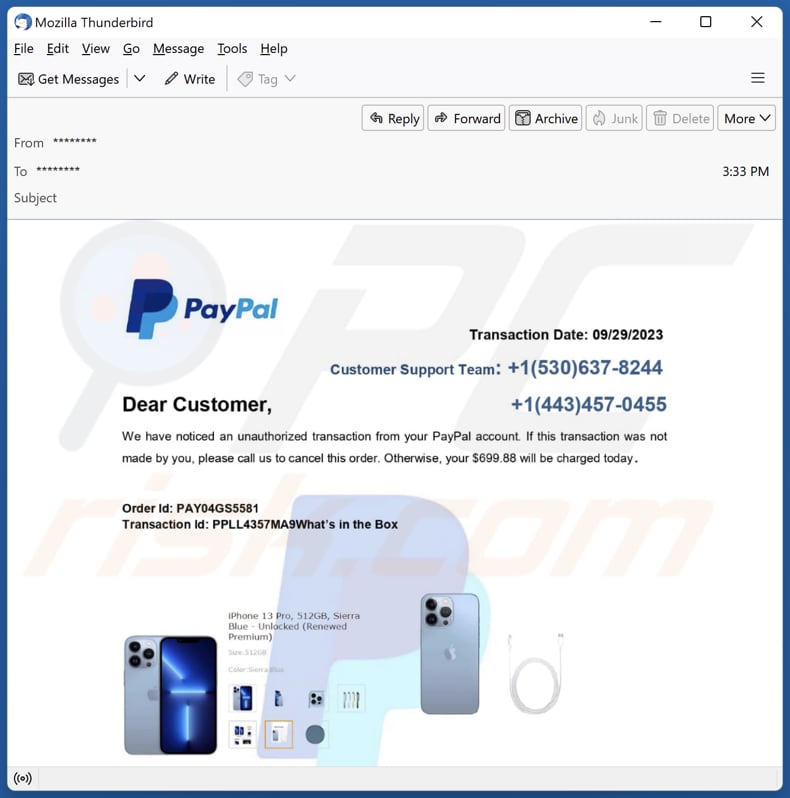 PayPal - Unauthorized Transaction campagna di spam tramite email