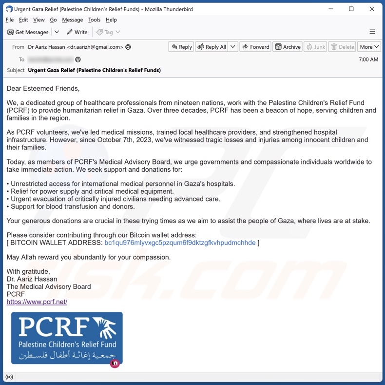 Campagna di spam e-mail PCRF