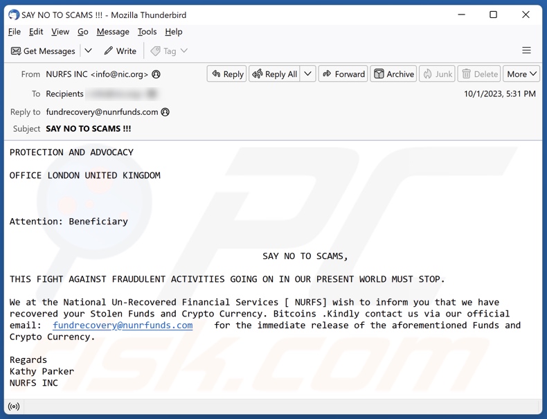 Recovered Stolen Funds And Crypto Currency campagna di spam tramite posta elettronica