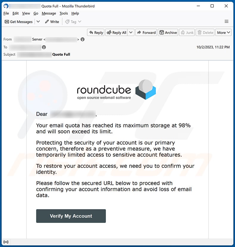 Ancora un altro esempio di email proveniente dalla campagna spam Roundcube (2023-10-03)