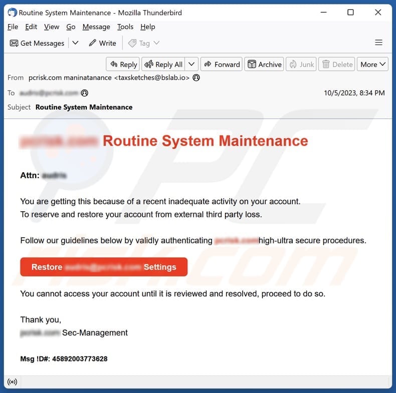 Routine System Maintenance campagna di spam tramite posta elettronica
