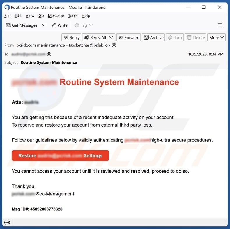 Routine System Maintenance campagna di spam tramite posta elettronica