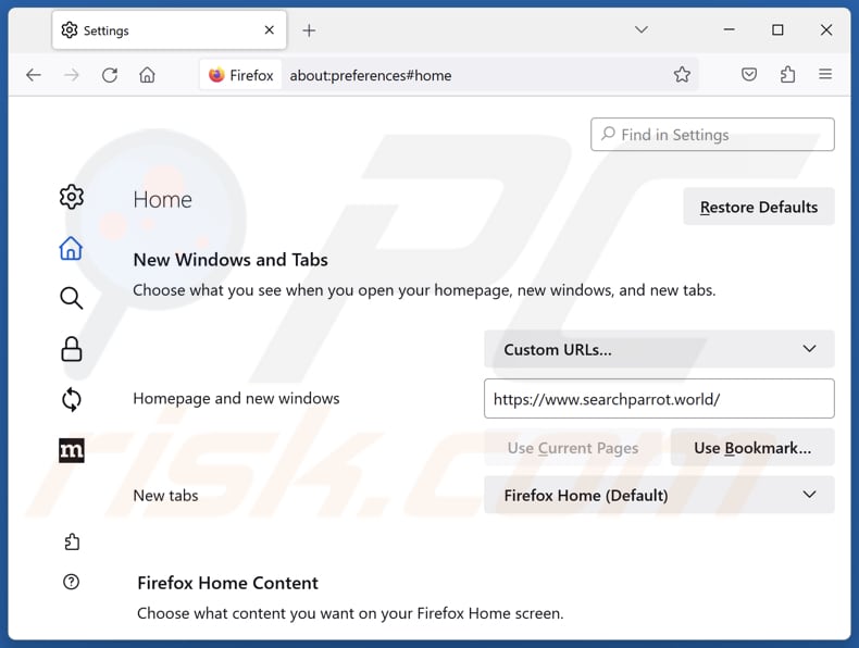 Removing searchparrot.world from Mozilla Firefox homepage