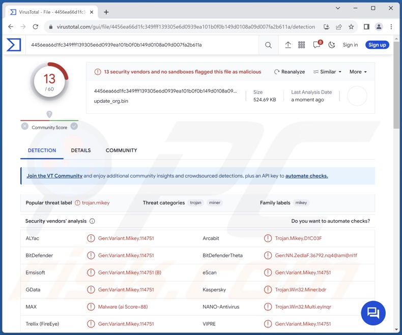 Rilevamenti di malware StripedFly su VirusTotal