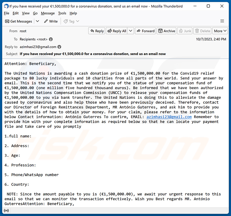 UNITED NATIONS COMPENSATION (COVID19 ASSISTED PROGRAM) truffa via e-mail (2023-10-09)