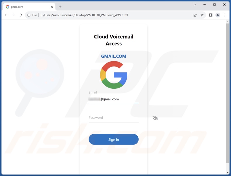 Voicemail Message Received Screenshot del file di phishing allegato a questa email di spam (
