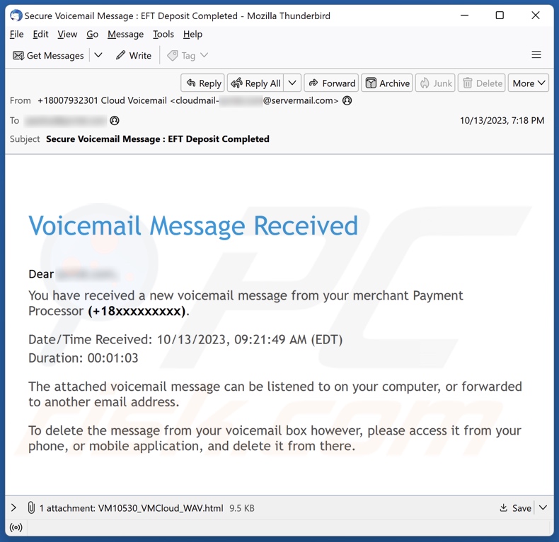 Voicemail Message Received campagna di spam tramite posta elettronica