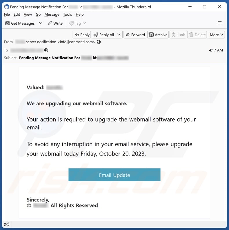Webmail Software Upgrade campagna di spam tramite posta elettronica
