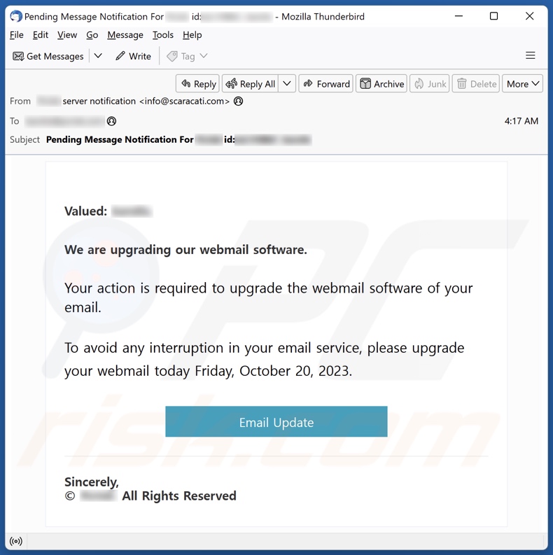 Webmail Software Upgrade campagna di spam tramite posta elettronica