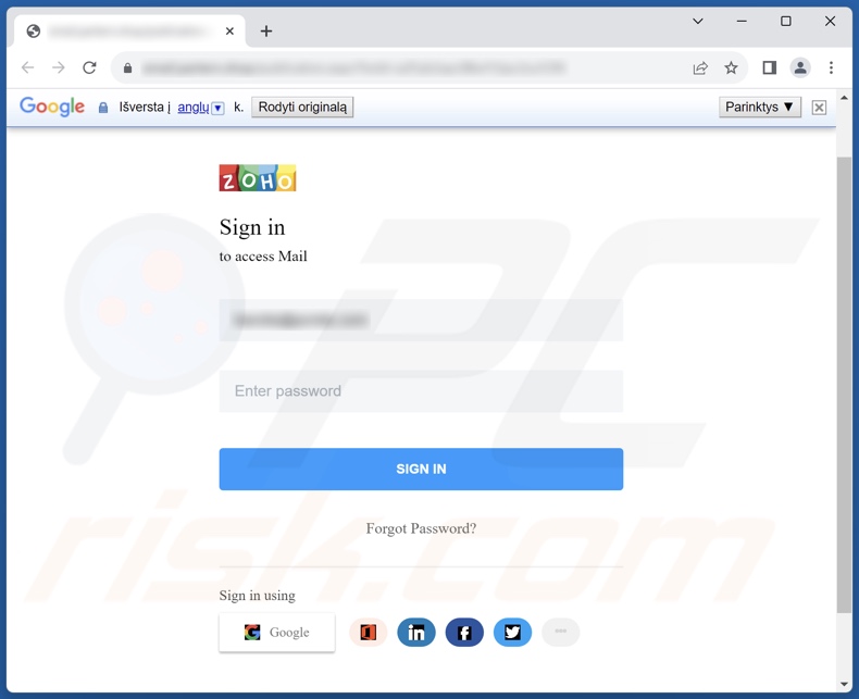 Screenshot del sito di phishing promosso dalla campagna spam 