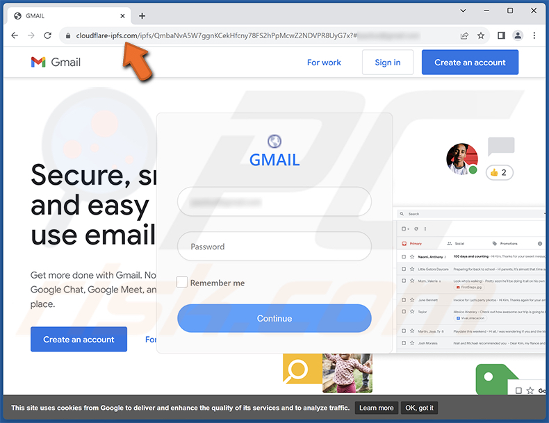 Sito Web di phishing promosso tramite questa truffa You Have Used All Your Available Storage Space