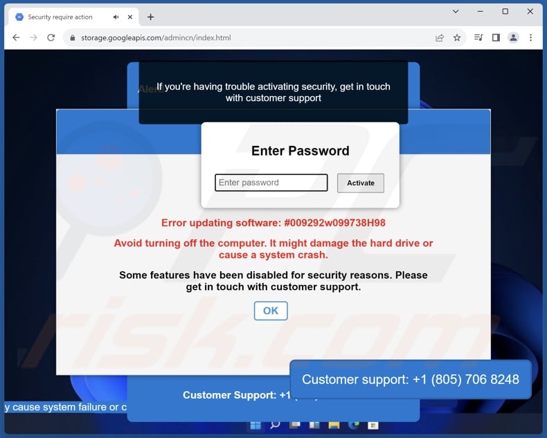 Screenshot della finestra pop-up finale visualizzata da questa truffa Your Security Is Not Up-To-Date scam