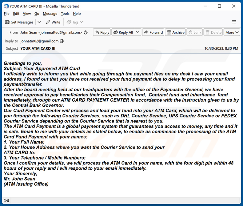 ATM Card Truffa via e-mail (2023-11-08)