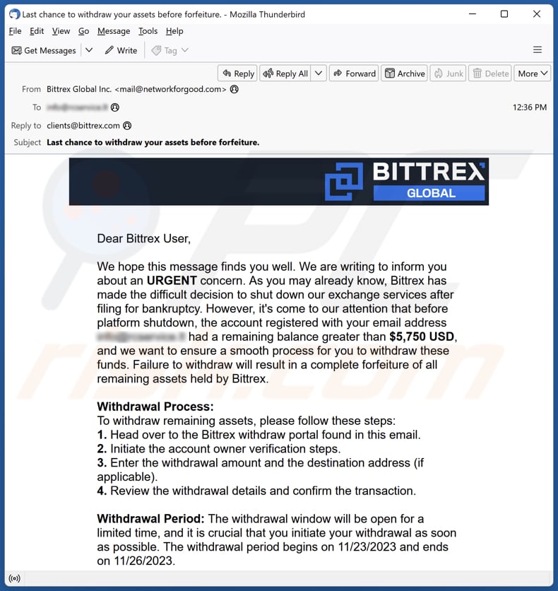 Campagna di spam via e-mail Bittrex